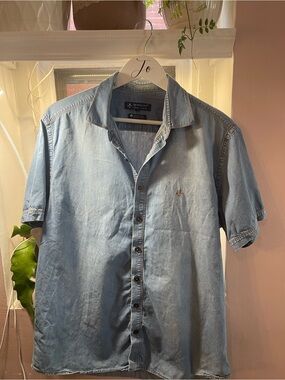 Short Sleeve Light Blue Denim Button-Down Shirt